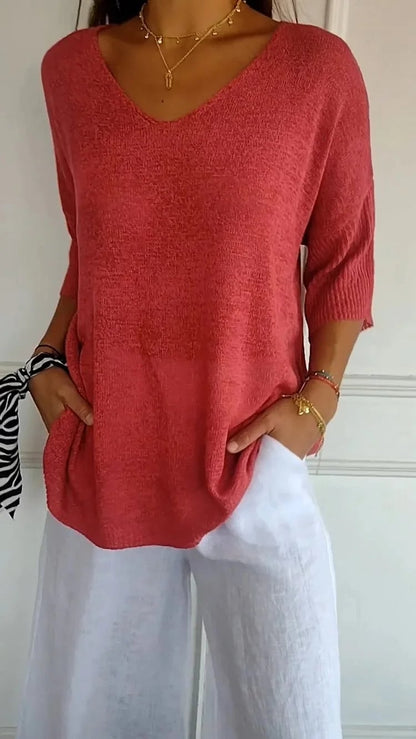 🔥Hot Sale-49% OFF🥰Solid Color Knitted V-neck Top