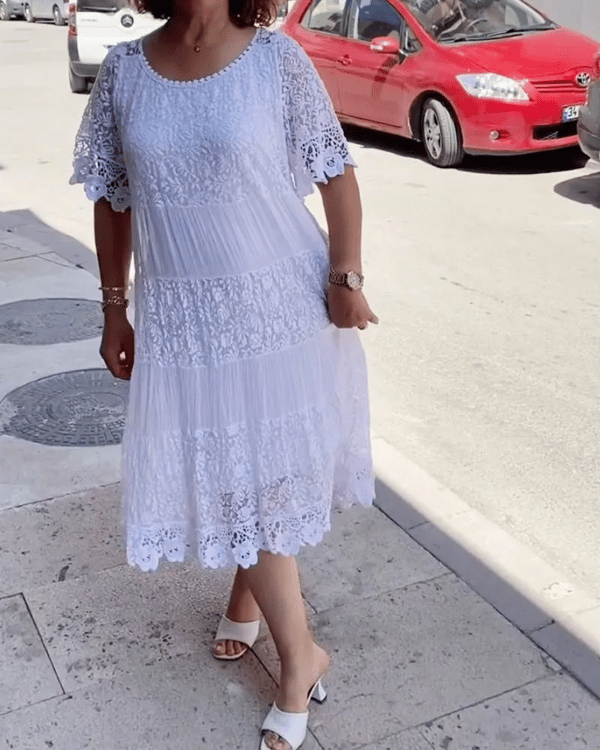 Solid Color Short Sleeve Lace Dress