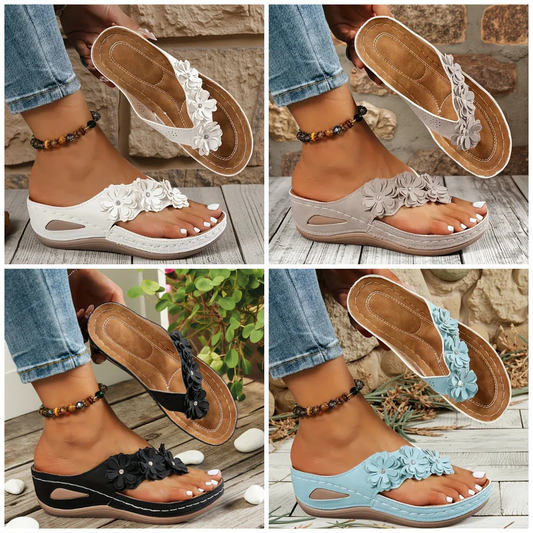🌸 Women's Floral Wedge Thong Sandals – Floral Accents, Cushioned Arch Support & Non-Slip Outsole ✨