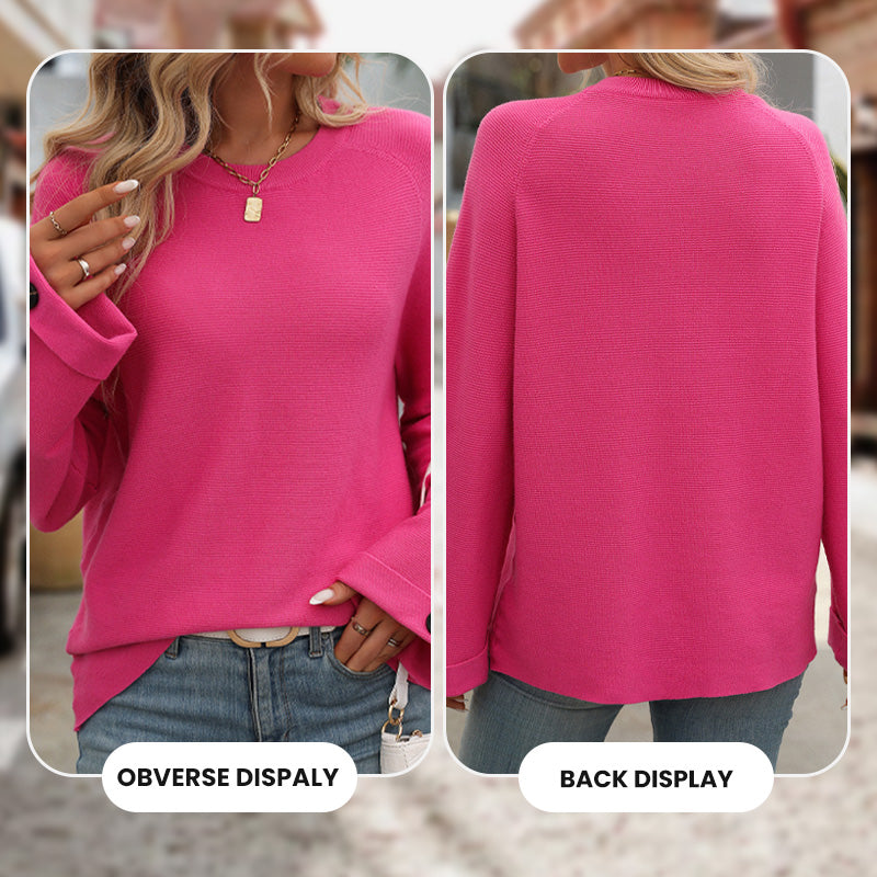 Women's Round Neck Long-Sleeve Sweater with Button Detail