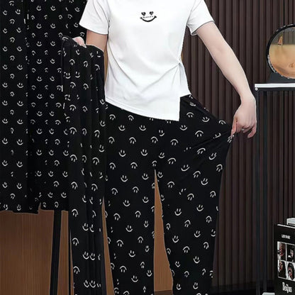 Smile Face Print Casual Ice Silk Pants with Pockets