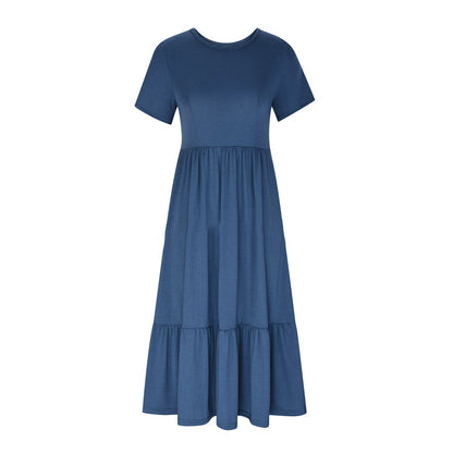 Women's Round Neck Pleated Solid Colour Dress
