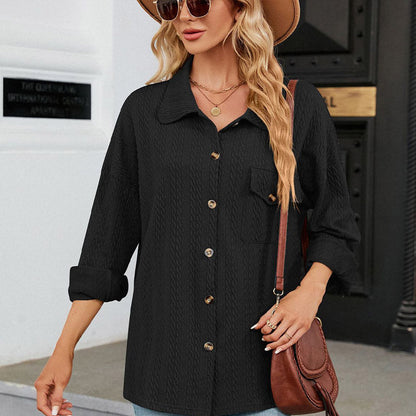 Women's Lapel Knit Long-Sleeve Button Down Top