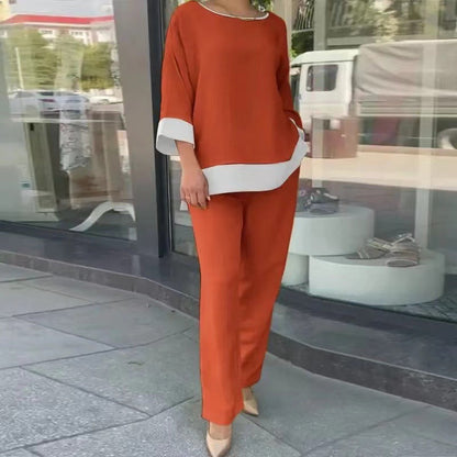 Elegant Long-sleeved Round-neck Trouser Set With Straight Legs