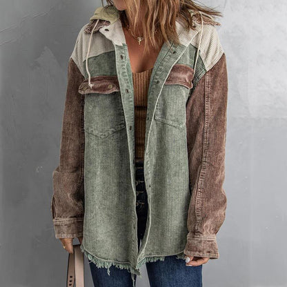 Women's Casual Corduroy Hooded Color Block Jacket