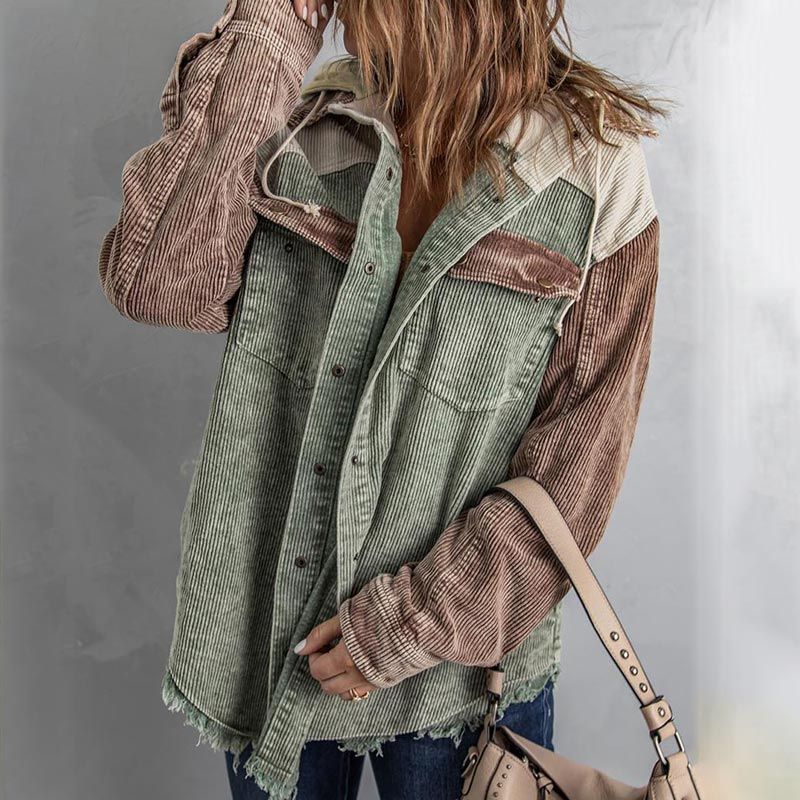 Women's Casual Corduroy Hooded Color Block Jacket