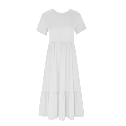 Women's Round Neck Pleated Solid Colour Dress