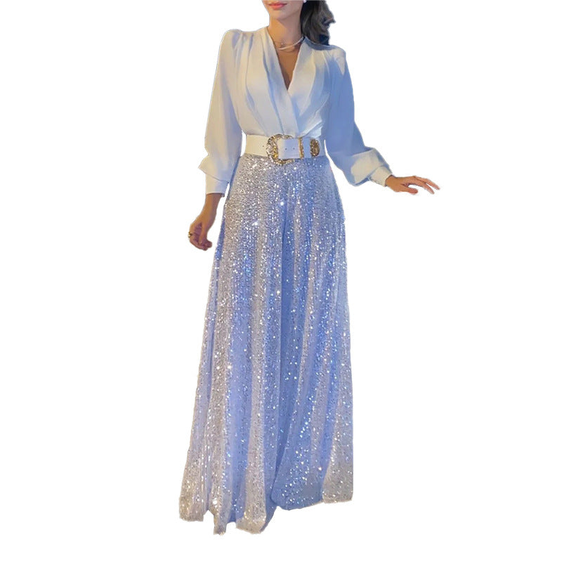 Elegant Long-sleeved Blouse With V-neckline And Wide Sequinned Jumpsuit Trousers