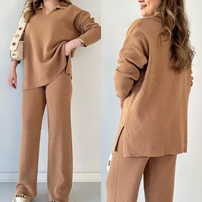 V-Neck Casual Slit Knitted Two-Piece Set