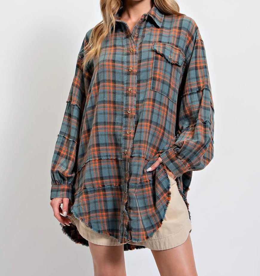 Women's Mineral Washed Button Down Plaid Shirt