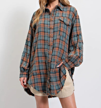 Women's Mineral Washed Button Down Plaid Shirt