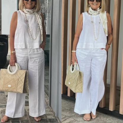 Women's Simple Breathable Suit - Round-Neck Sleeveless Top & Wide-Leg Pants