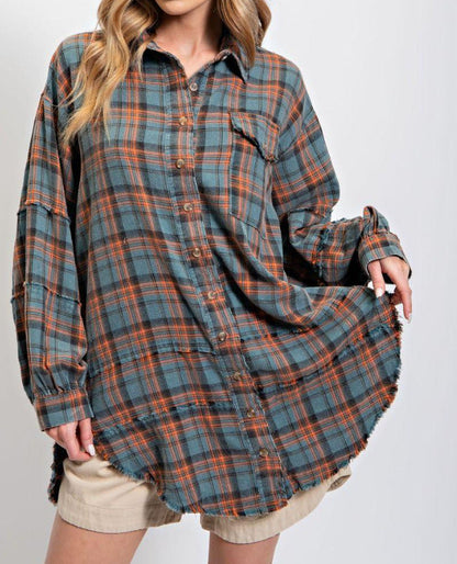 Women's Mineral Washed Button Down Plaid Shirt