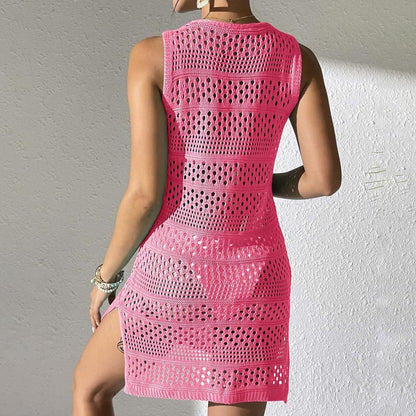 Women’s Elegant Knitted Hollowed Beach Dress In Solid Color