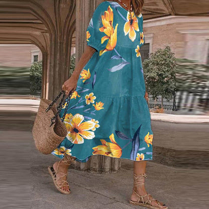 Women's Spring and Summer Casual Loose Round Neck Floral Dress