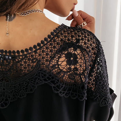 Women's Autumn 3/4 Sleeves Sexy Lace Sewn Elegant Vintage Style Blouse.