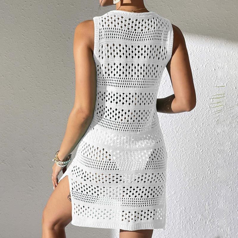 Women’s Elegant Knitted Hollowed Beach Dress In Solid Color