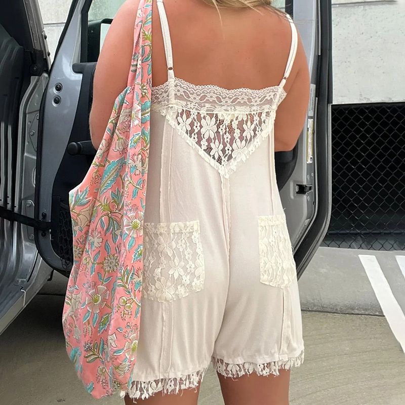 Women's Sexy Jumpsuit Shorts with Lace Trim and V-neckline