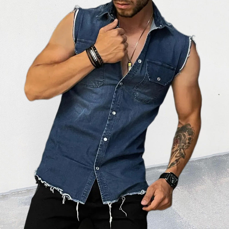 MEN'S VINTAGE LAPEL SLEEVELESS DENIM SHIRT