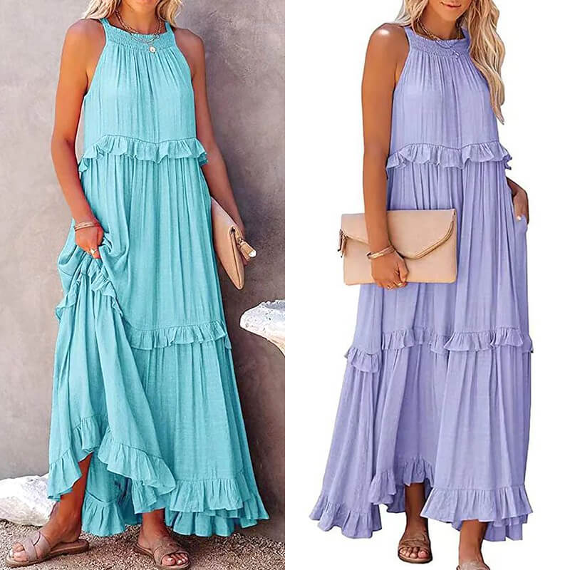 Women's Summer Casual Sleeveless Strappy Backless flounces Dress