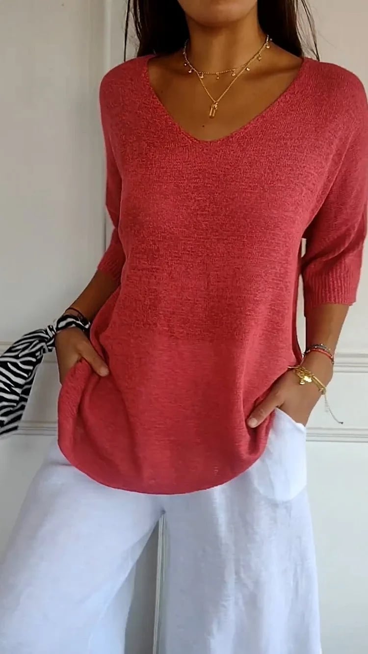 🔥Hot Sale-49% OFF🥰Solid Color Knitted V-neck Top