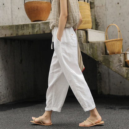 Vintage Cotton And Linen Elastic Waist Casual Trousers For Woman