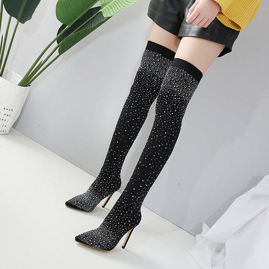 Women’s Sparkly Faux Diamonds Knee High Boots