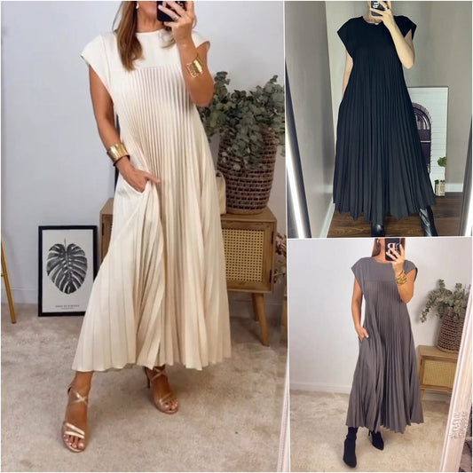 Sleeveless Pleated Simple Solid Color Dress