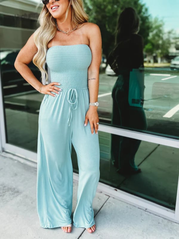 Off Shoulder Solid Color Smocked Jumpsuit