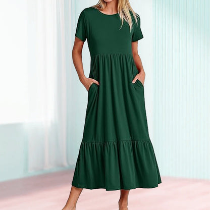 Women's Round Neck Pleated Solid Colour Dress