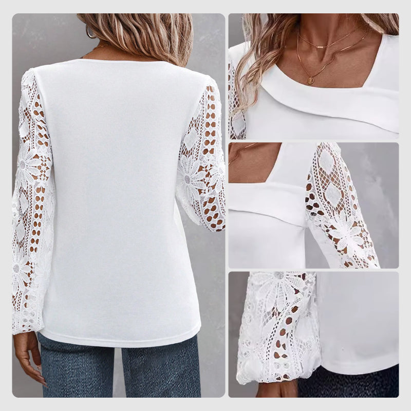 Women's Cutout Lace Patchwork Long-Sleeve Top