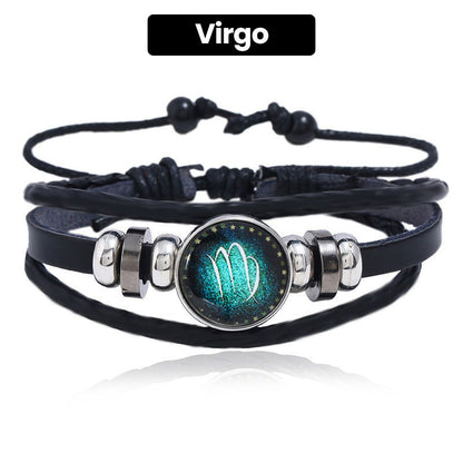 Luminous 12 Constellations Bead Leather Woven Bracelet - Great Gift