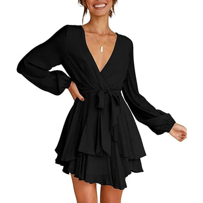 V-Neck Waist Tie Ruffle Mini Swing Skater Dresses