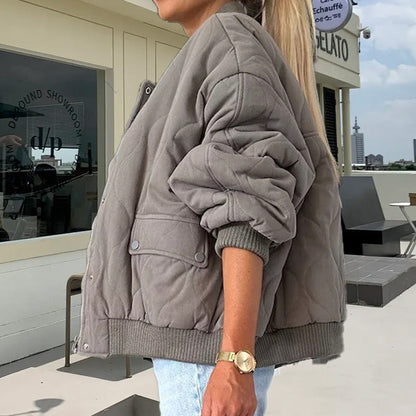 Solid Color Loose Thick Warm Bomber Jacket