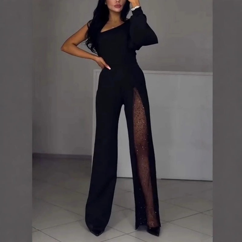 Women's One Shoulder Glitter Mesh Flared Jumpsuit