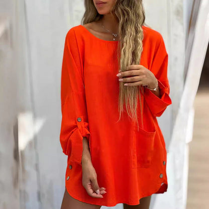 Women's Solid Color Loose Tops with Roll-Up Sleeves