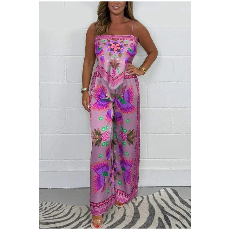 Spaghetti Strap Printed Top & Loose Women's Pants 2-Piece Set