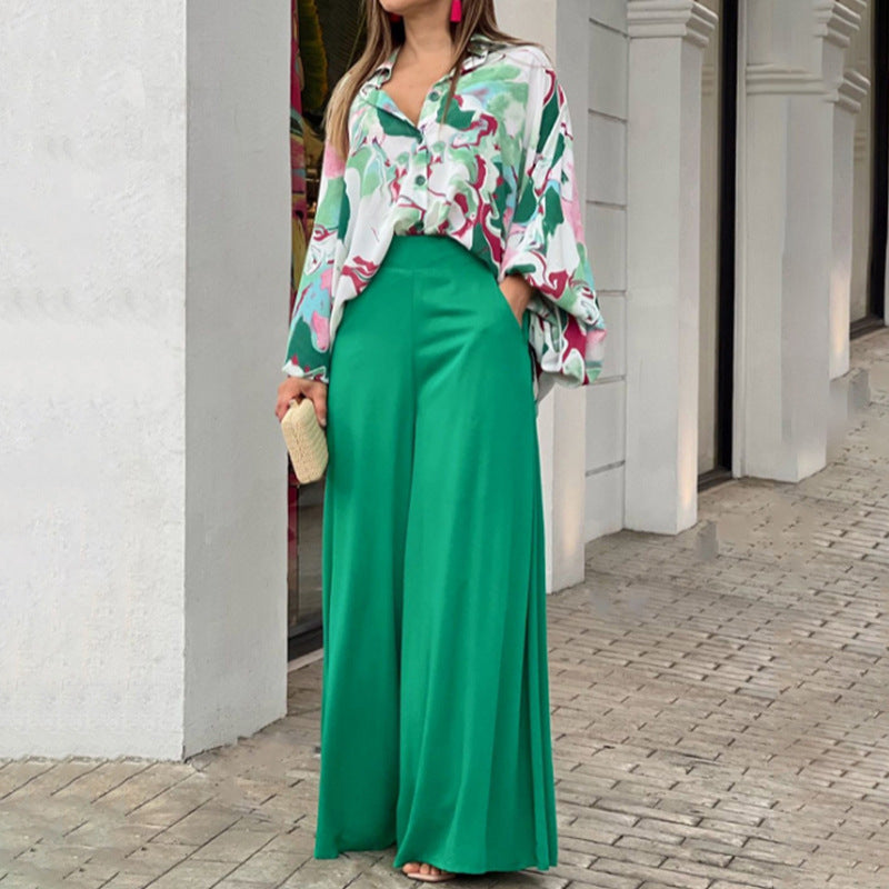 Women's Floral Shirt and Wide Legged Trousers with High Waist (1 Set)