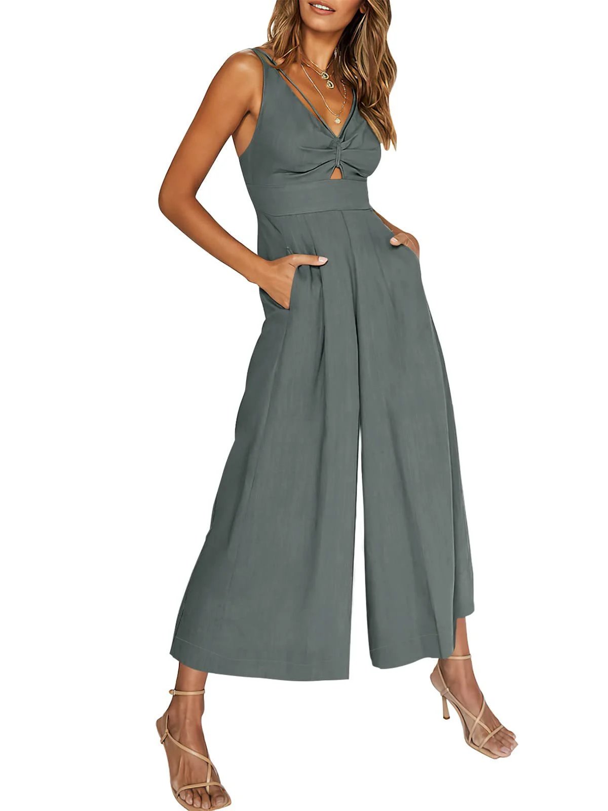 Summer V Neck Cutout Wide Leg Jumpsuits