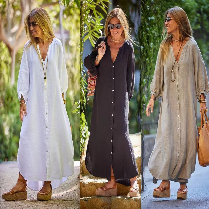 🌸Women’s Minimalist Cotton Linen V-neck Long Dress