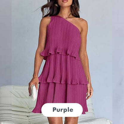 Women's One Shoulder Ruffle Tiered Layered Flowy A Line Dress