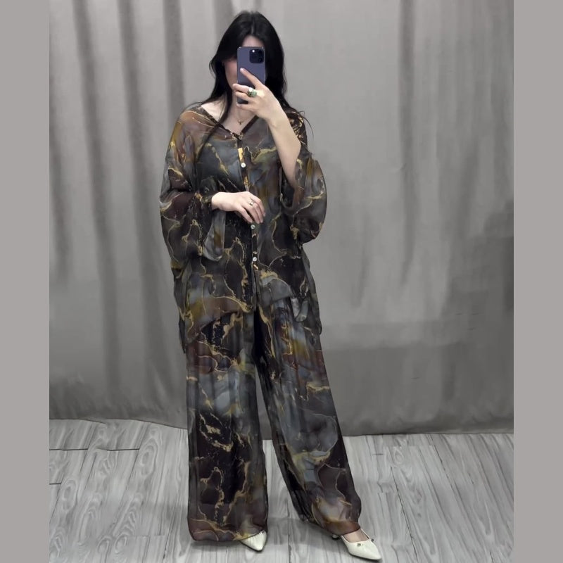 Women 2 Piece Outfits Elegant Printed Top Loose Wide Leg Pants