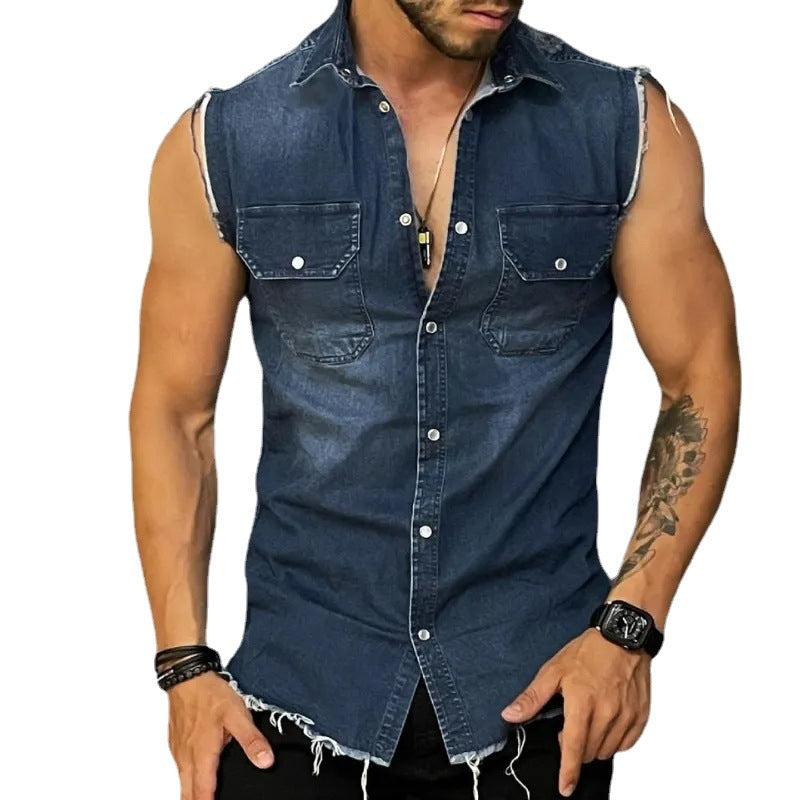 MEN'S VINTAGE LAPEL SLEEVELESS DENIM SHIRT