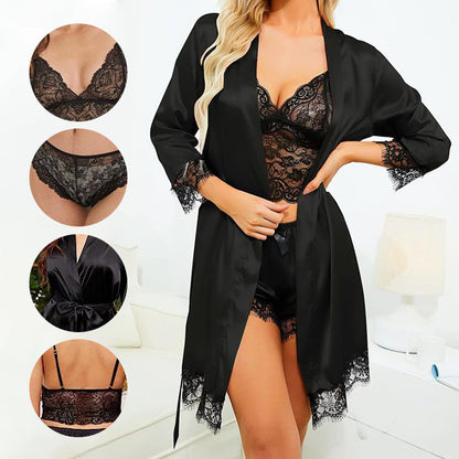 Lace Satin Suspender Nightgown Four-piece Set