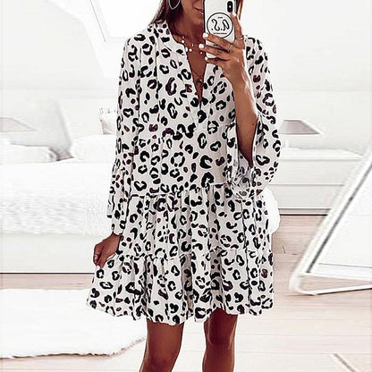 Printed Long-sleeved Loose V-neck Patchwork Dress