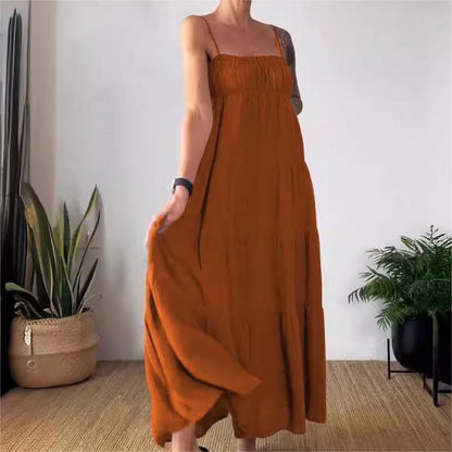 Solid Color Pleated Breathable Spaghetti Strap Dress