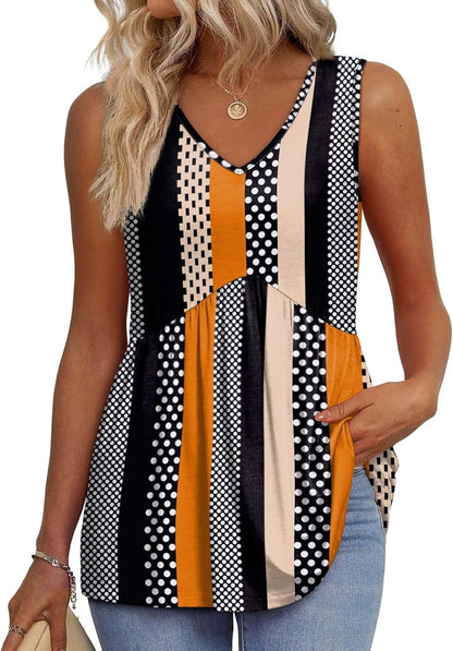 💜Women's Print Flowy Sleeveless V Neck Peplum Tank Tops