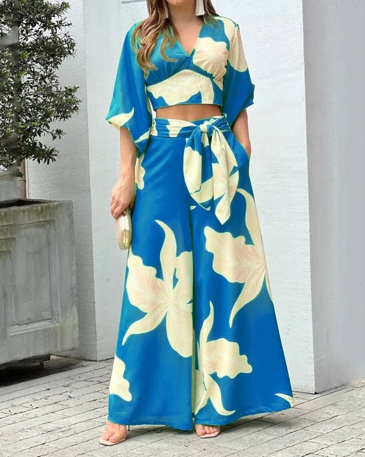 Fashion Print V-Neck Long Sleeve Top & Wide Leg Pants Two-Piece Set