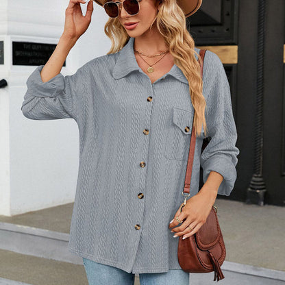 Women's Lapel Knit Long-Sleeve Button Down Top