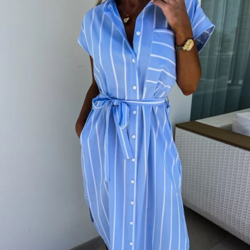 Women's Casual Striped Tie Waist Shirt Dress with Pocket